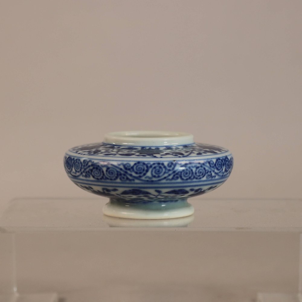 AA34 Chinese brush washer, Yongzheng mark, painted with scrolling lotus, four-character underglaze blue mark to the base but late 19th century.