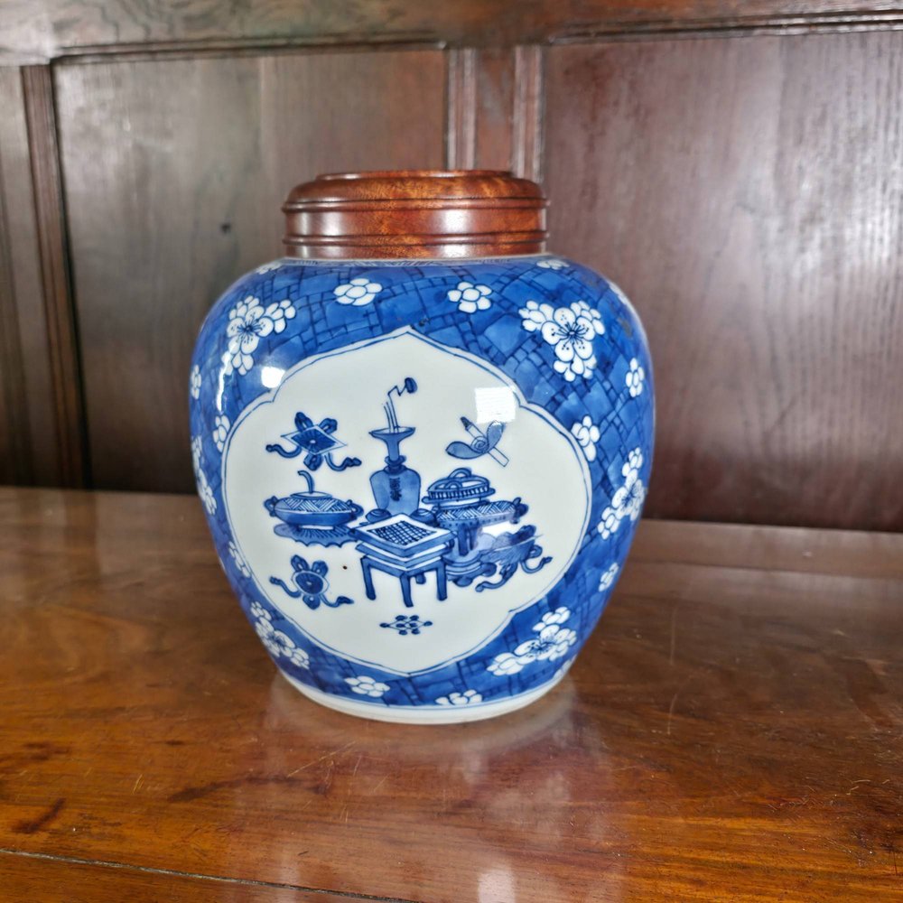 AA44 Chinese blue and white ginger jar Kangxi(1662-1722) painted in underglaze blue with the 'cracked ice' pattern with large panels  decorated with precious objects.