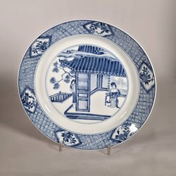 Chinese blue and white plate: Kangxi(1662-1722) painted with two elegant ladies (meiren)  conversing on pavilion terrace