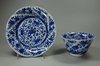 F952 Blue and white moulded teabowl and saucer