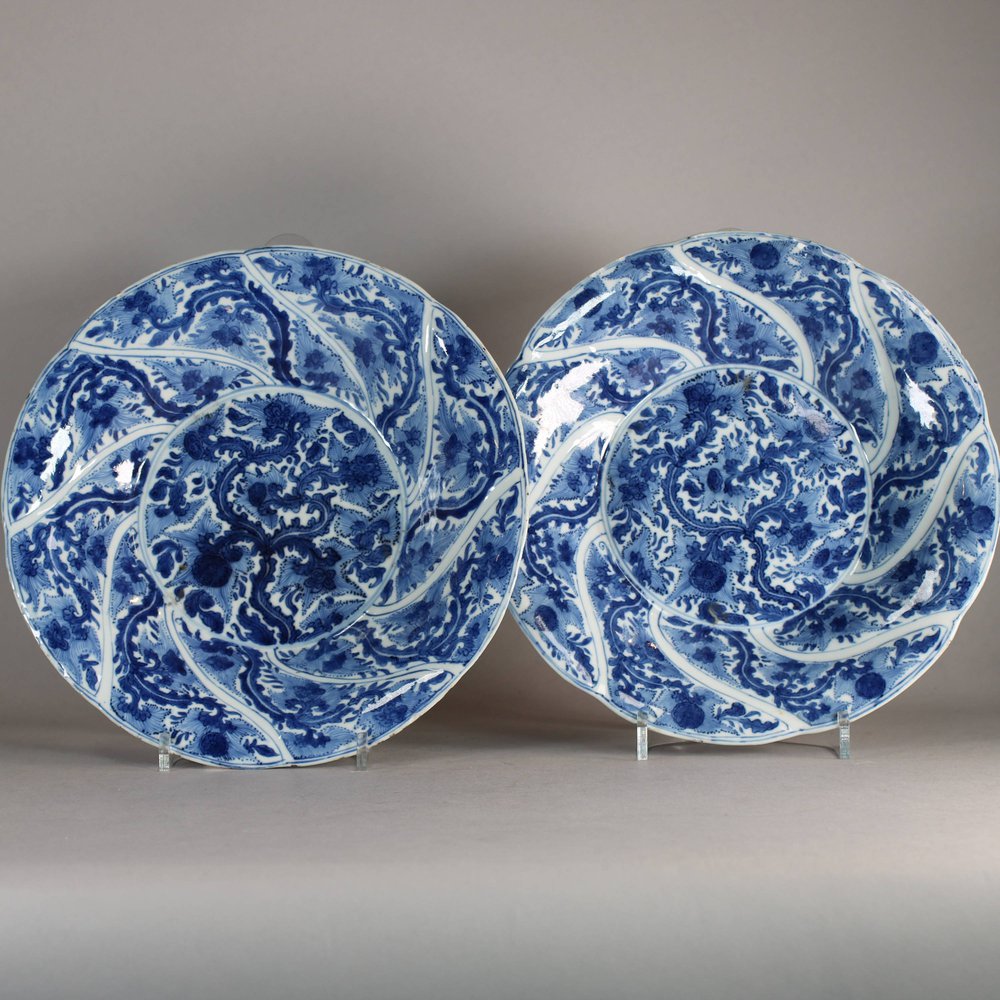 W489 Pair of fluted blue and white dishes Kangxi
