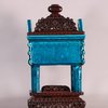 W594 Fine Chinese turquoise food vessel Kangxi(1662-1722) of square cross-section with opposing loop handles, raised on four columnar feet; the corners with flanges; each side incised with a mythical beast