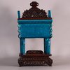 W594 Fine Chinese turquoise food vessel Kangxi(1662-1722) of square cross-section with opposing loop handles, raised on four columnar feet; the corners with flanges; each side incised with a mythical beast