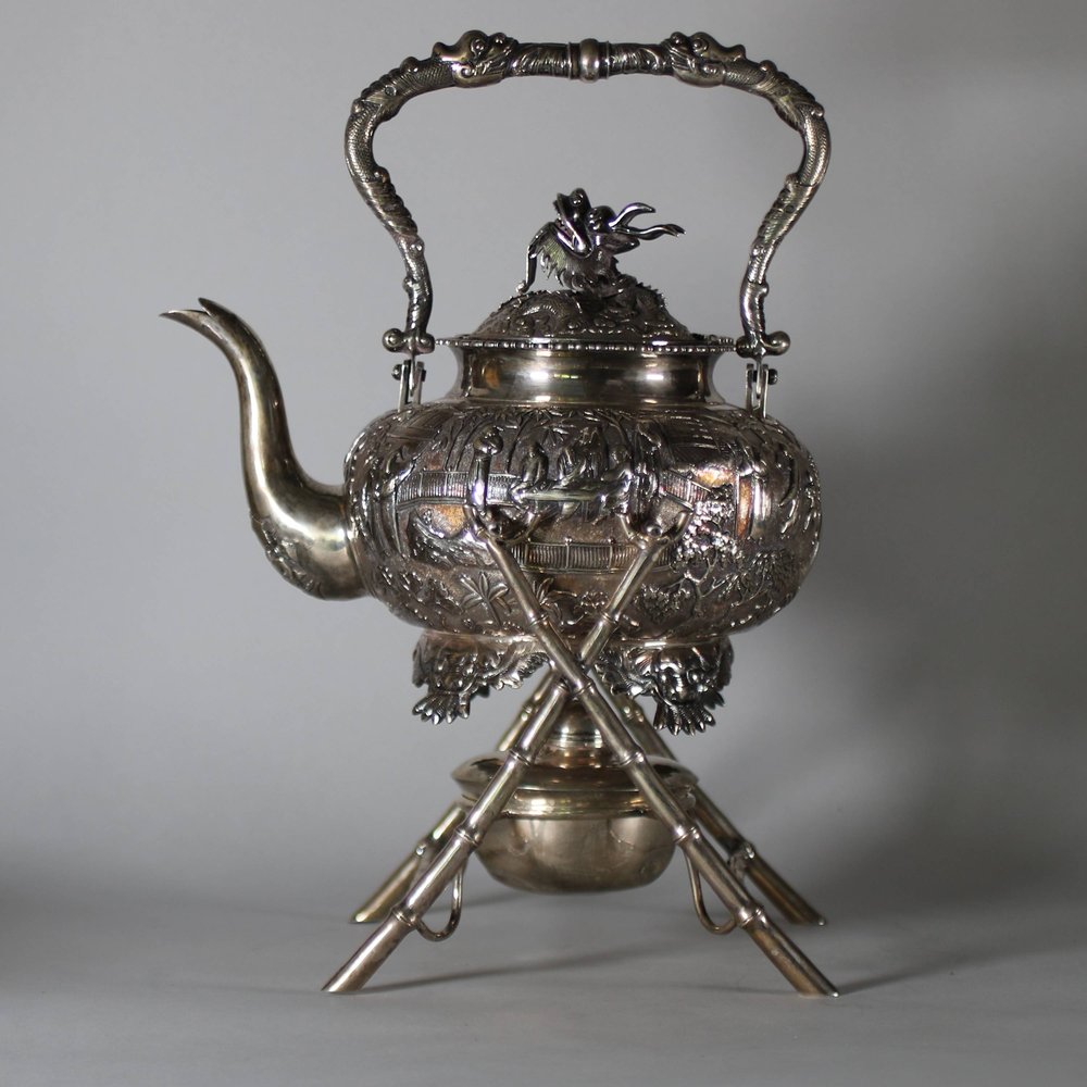 W766 A Fine Chinese Export Silver Tea Kettle and Burner and Stand