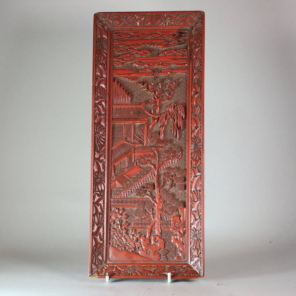 W927 Chinese fineley carved cinnabar lacquer rectangular scroll tray, Kangxi(1668-1722)