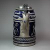 L399 German stoneware tankard with pouring lip and  flat pewter cover