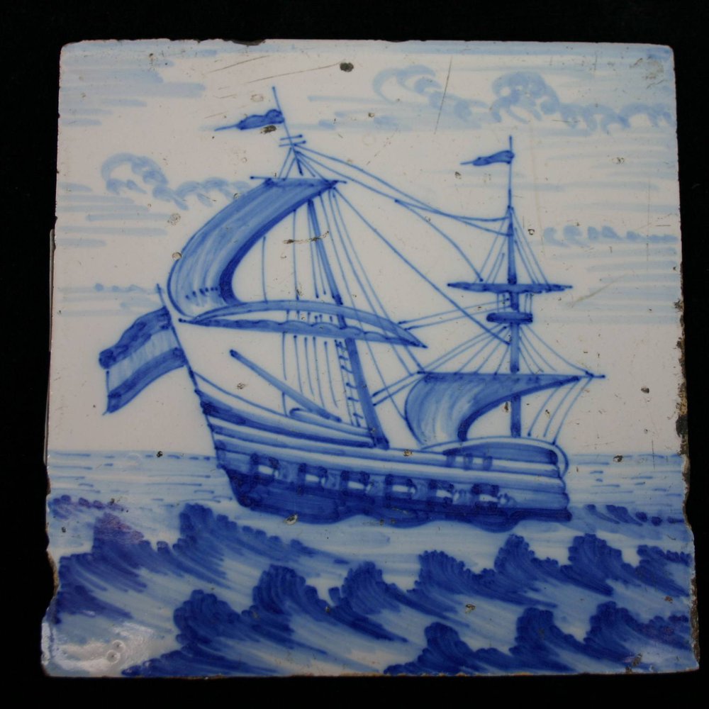P20 Blue and white tile with a shipping scene