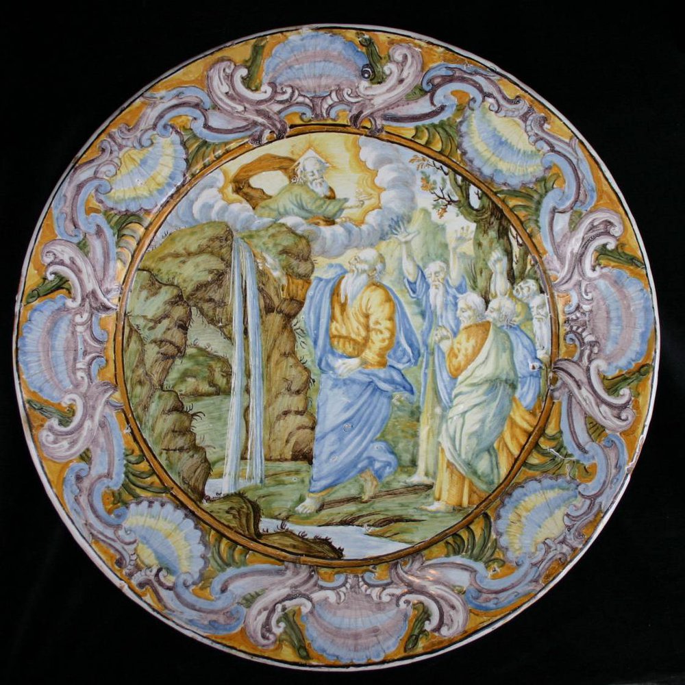 P933 Rare Italian large Castelli dish decorated with Moses striking