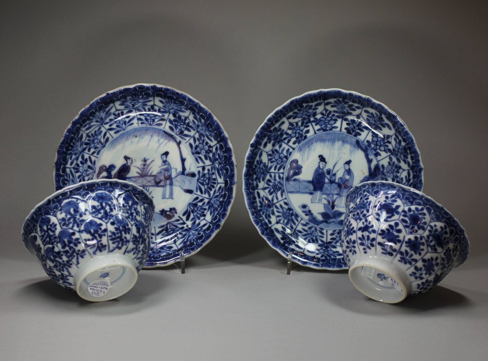 Q147 Pair of Chinese blue and white moulded bowls and saucers