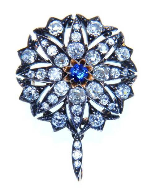 Q674 Silver diamond and sapphire circular star brooch pendant
