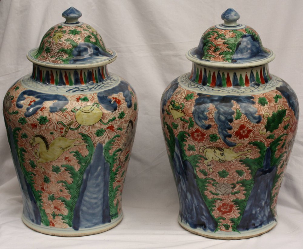 Q858 Pair of Chinese Wucai baluster vases and covers