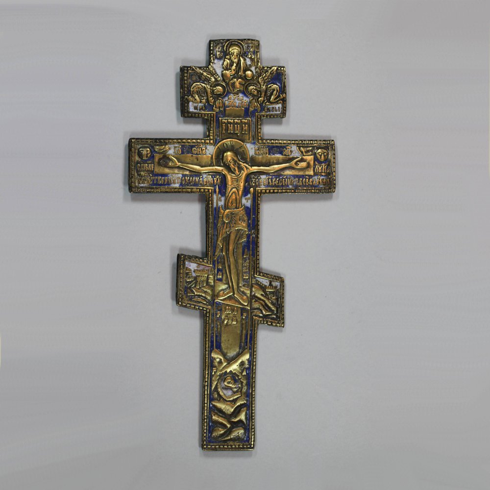 U477 Small Russian bronze blessing icon cross, 19th century