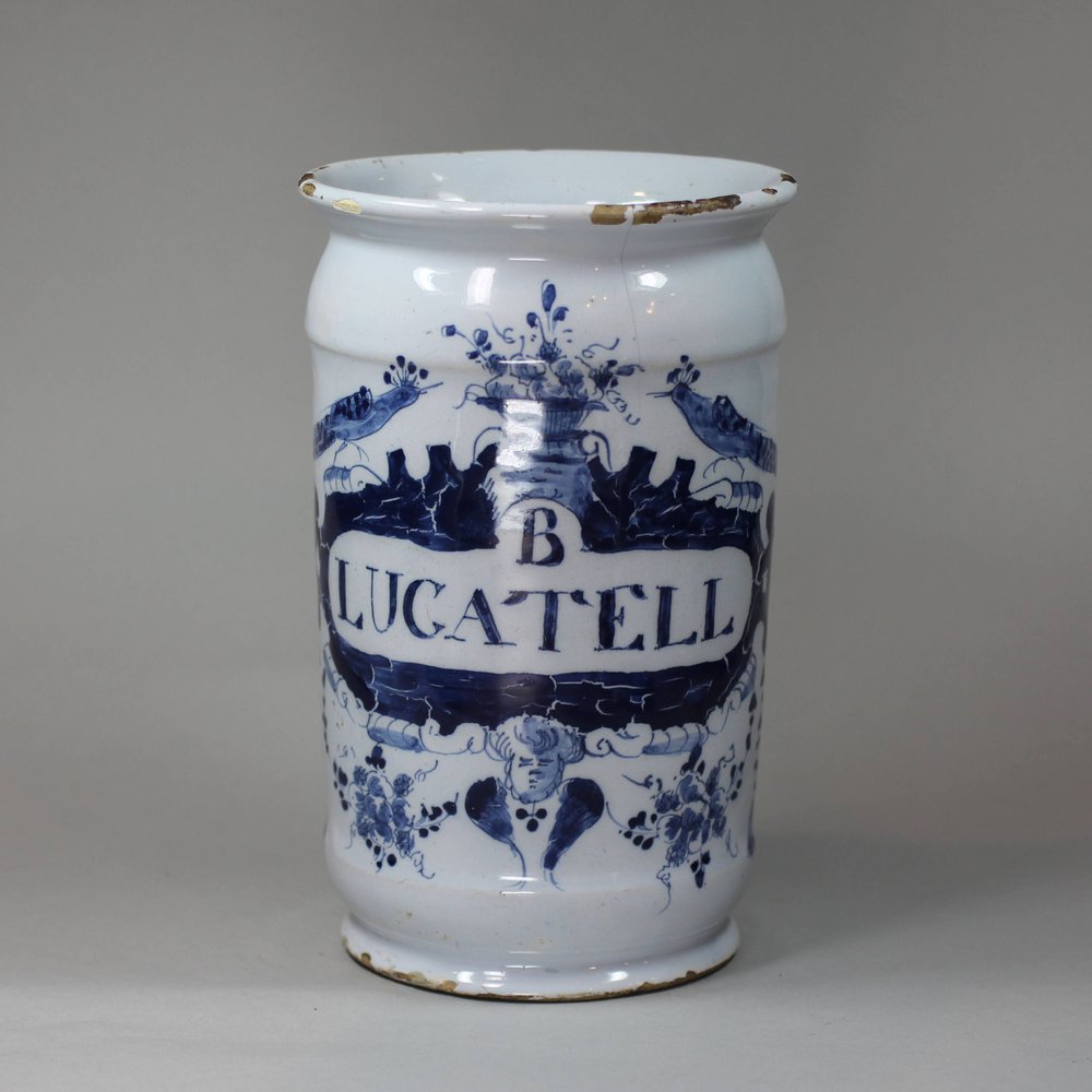 V334 Dutch Delft blue and white drug jar, early 18th century