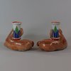 W109 Pair of famille rose recumbent pug dog candle holders