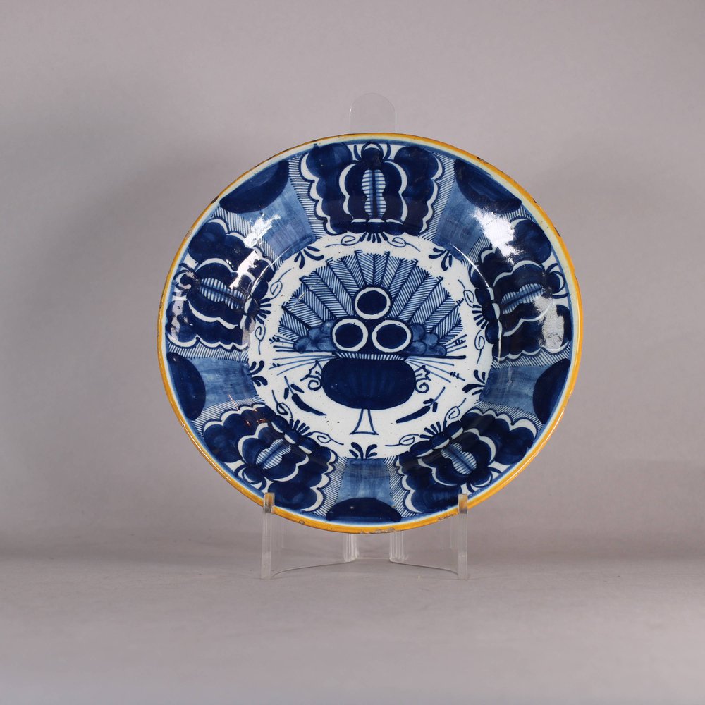 W502 Dutch delft blue and white 'Peacock' plate, 18th century,    with underglaze blue mark of the three bells to the base, with the figure 2 diameter: 23 cm. (9 1/16in.), condition: some slight fritting t