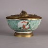 W547 Chinese porcelain moulded bowl, possibly 18th century, mounted as an inkwell, the exterior of the bowl with moulded fretwork with  panels painted with figures in various pursuits, the ormolu inkwell w