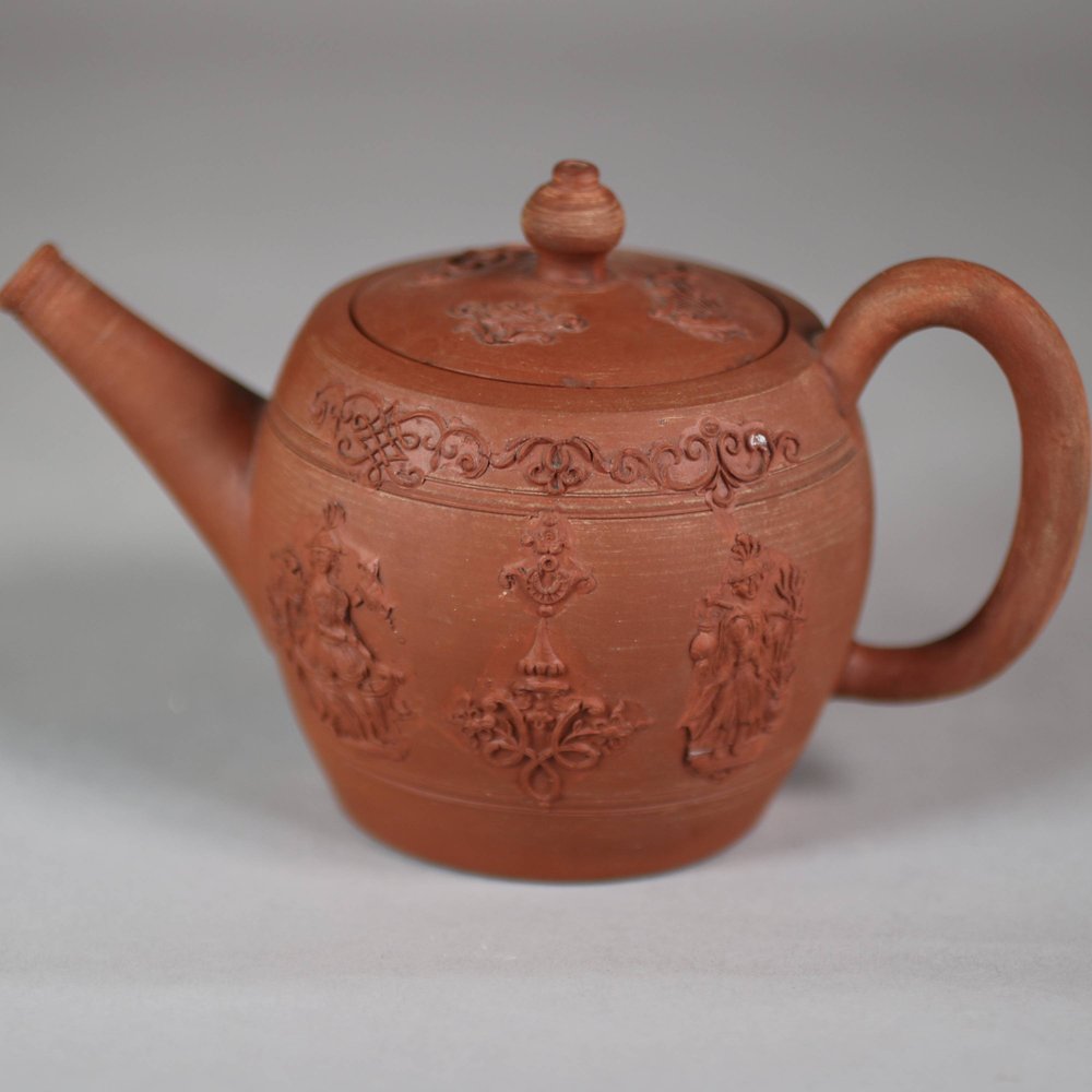 W607 Staffordshire barrel-shaped redware small teapot and cover, circa 1770