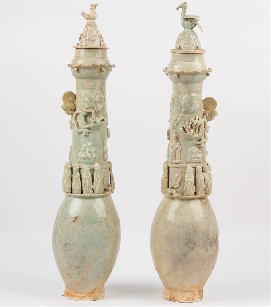 W627 Near Pair of Qingbai Funerary Vases, Song Dynasty (960-1279)