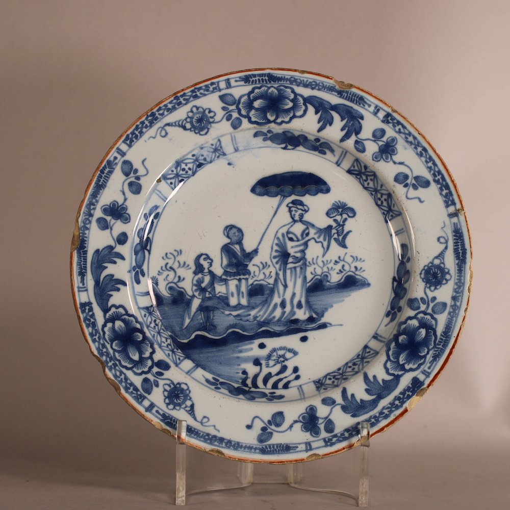 W870 English delft blue and white plate, circa 1750-60, decorated in the Chinese style