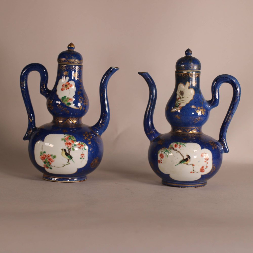 W891 Pair of Chinese powder blue and famille verte ewers with covers, Kangxi (1662-1722)