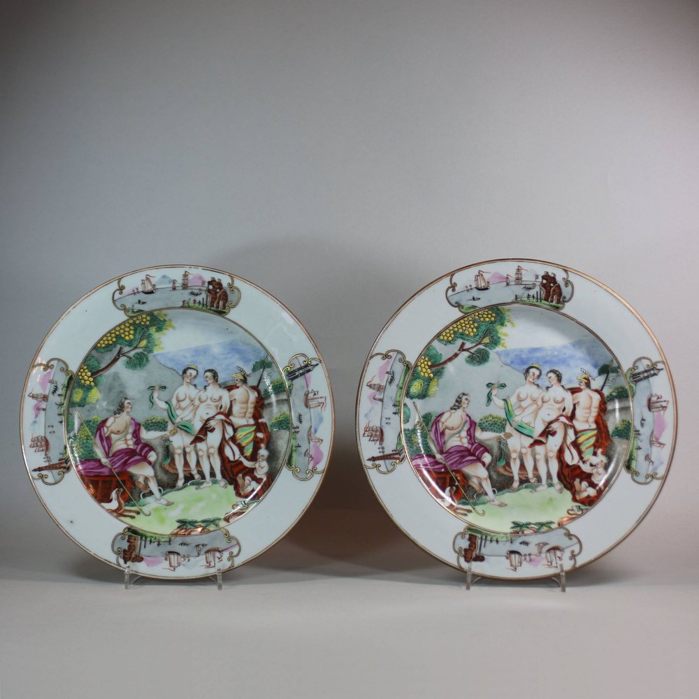 W93 Pair of Chinese Famille Rose ‘Judgement of Paris’ plates