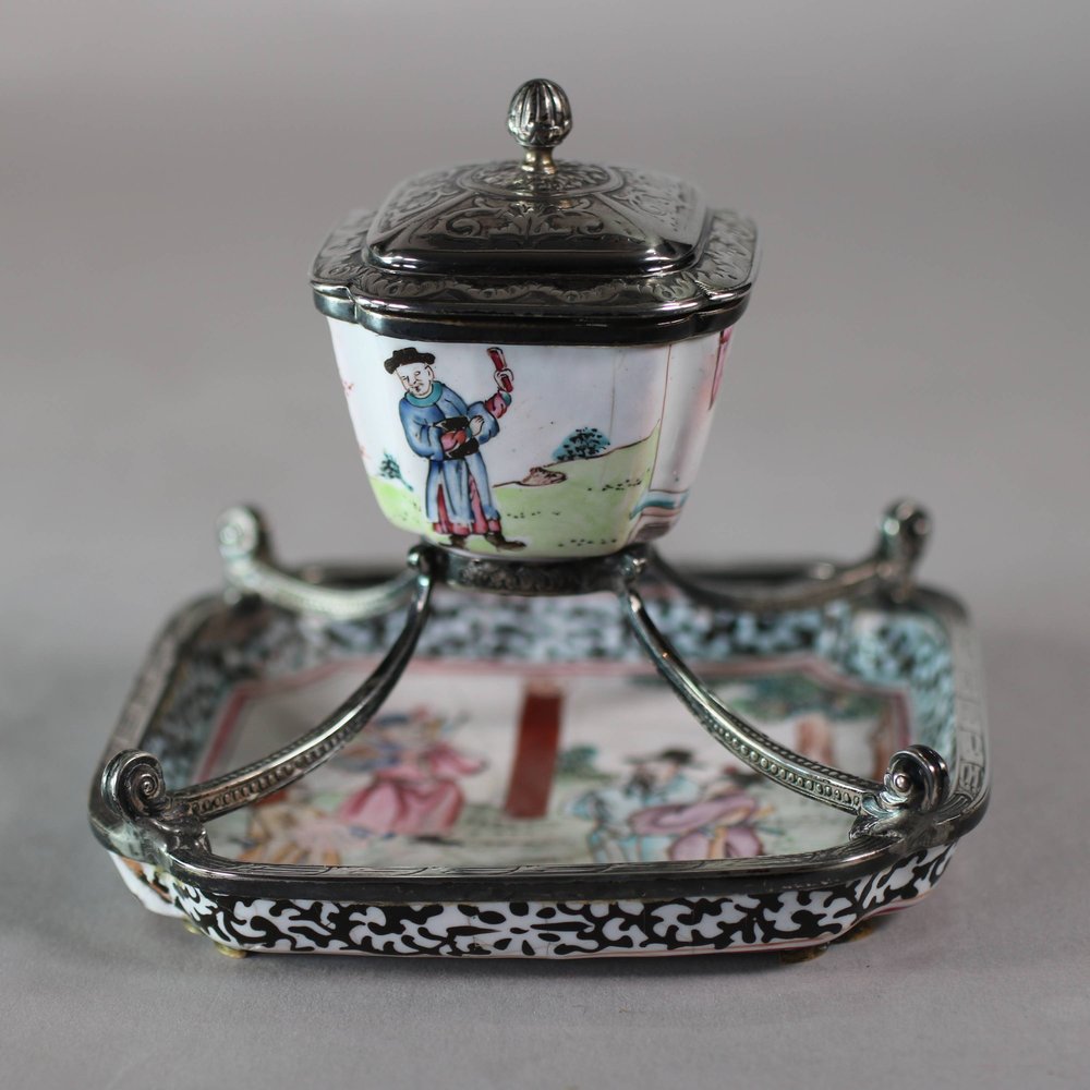 W940 Canton enamel octagonal teacup and square saucer with canted corners, Qianlong (1736-95), mounted