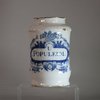 W983 Dutch delft drug jar of cylindrical form painted with a label containing the inscription U Populeum;