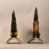 W990 Pair of MIng tile figures in the form of dynamic leaping carp in lead green and yellow glazed