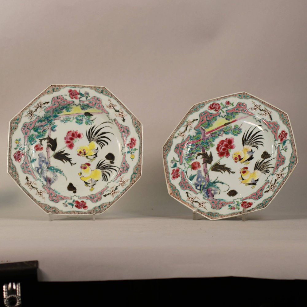 W991 Pair of famille rose plates early Qianlong