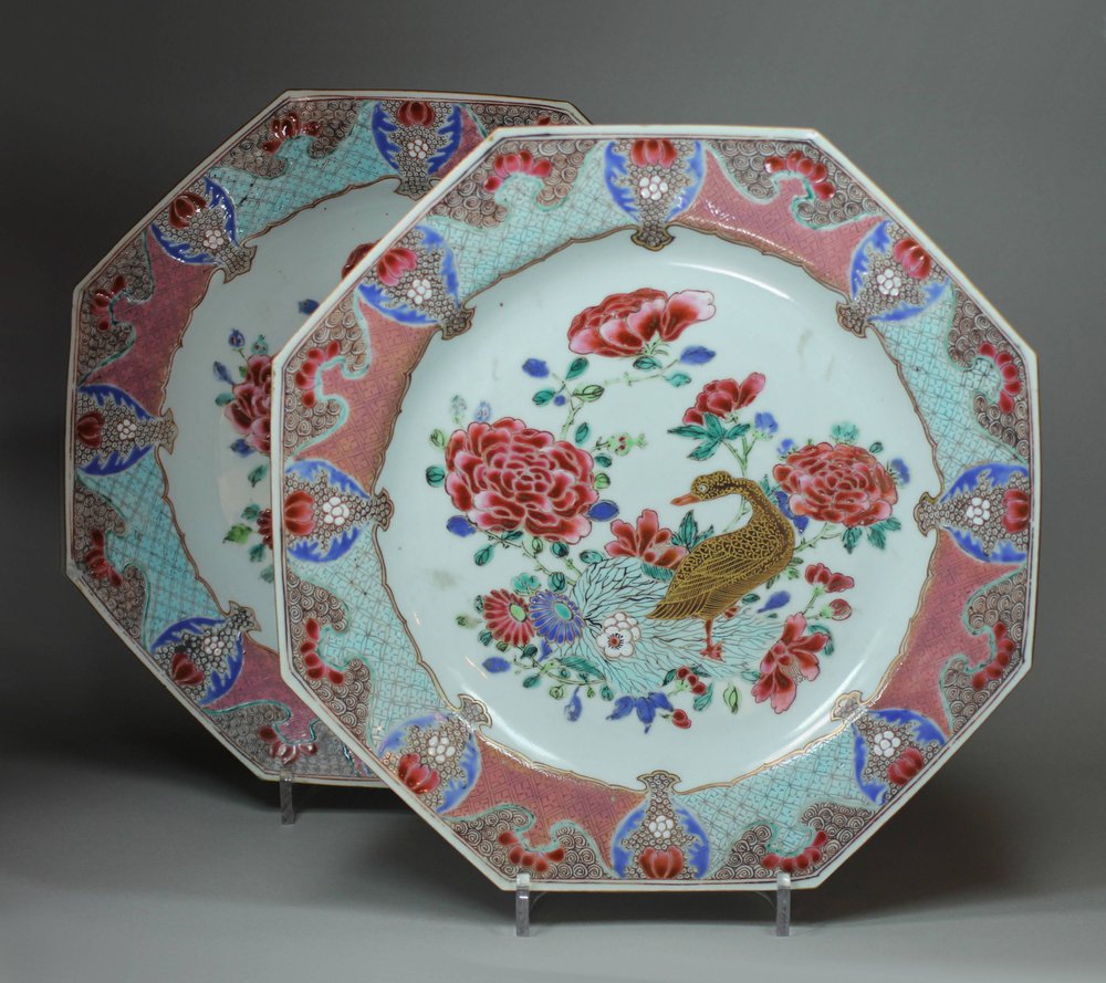 X336 Pair of Chinese octagonal famille rose dishes