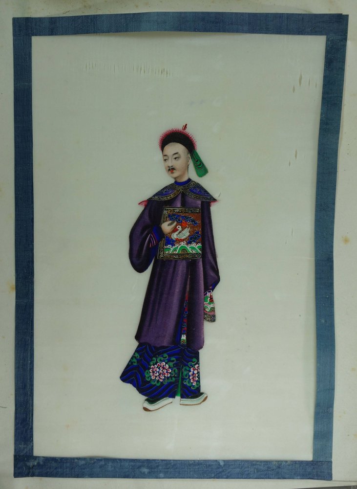 X414 Pith paper drawing, 19th century, of a standing dignitary