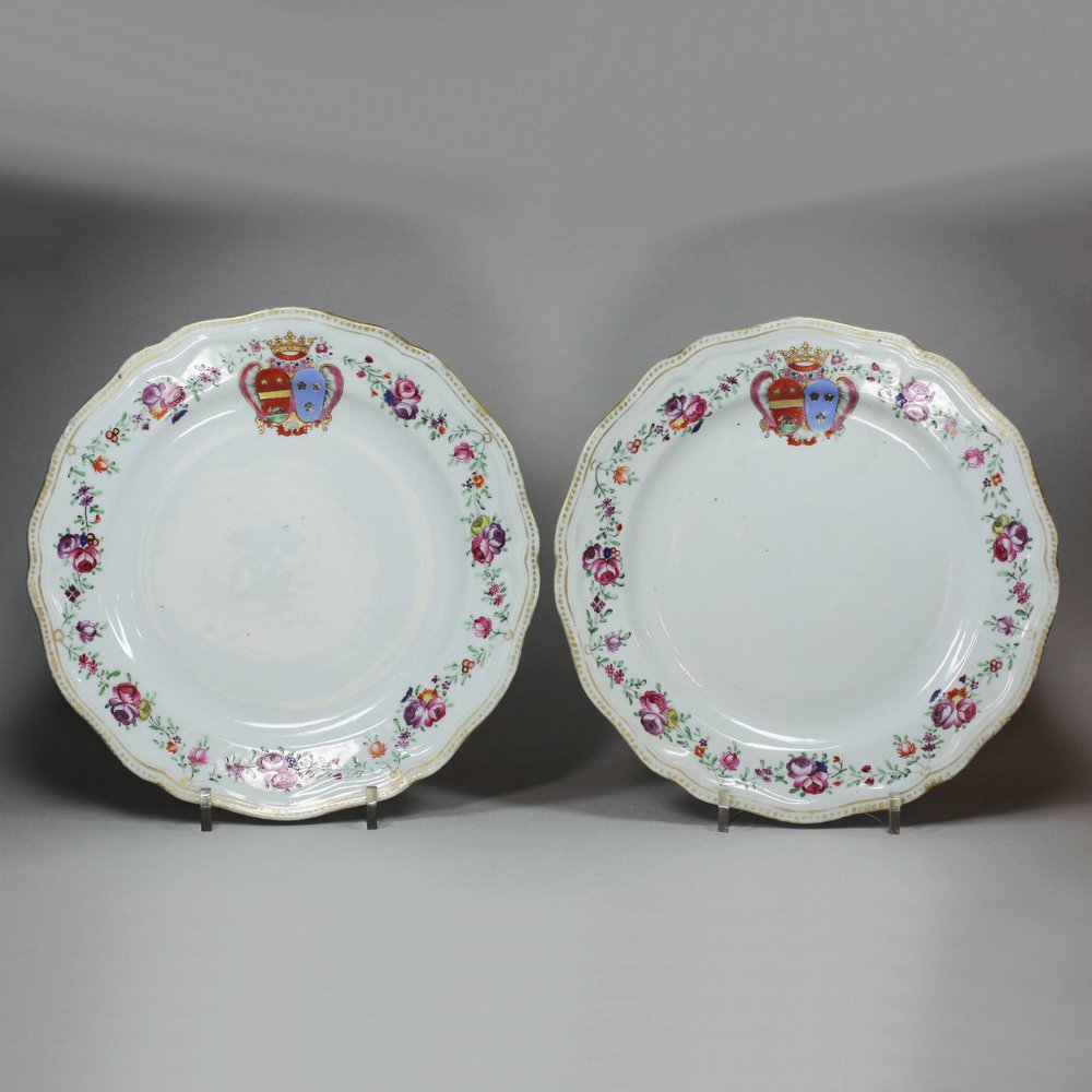 Y376 Pair of famille rose armorial plates, Qianlong (1736-95)