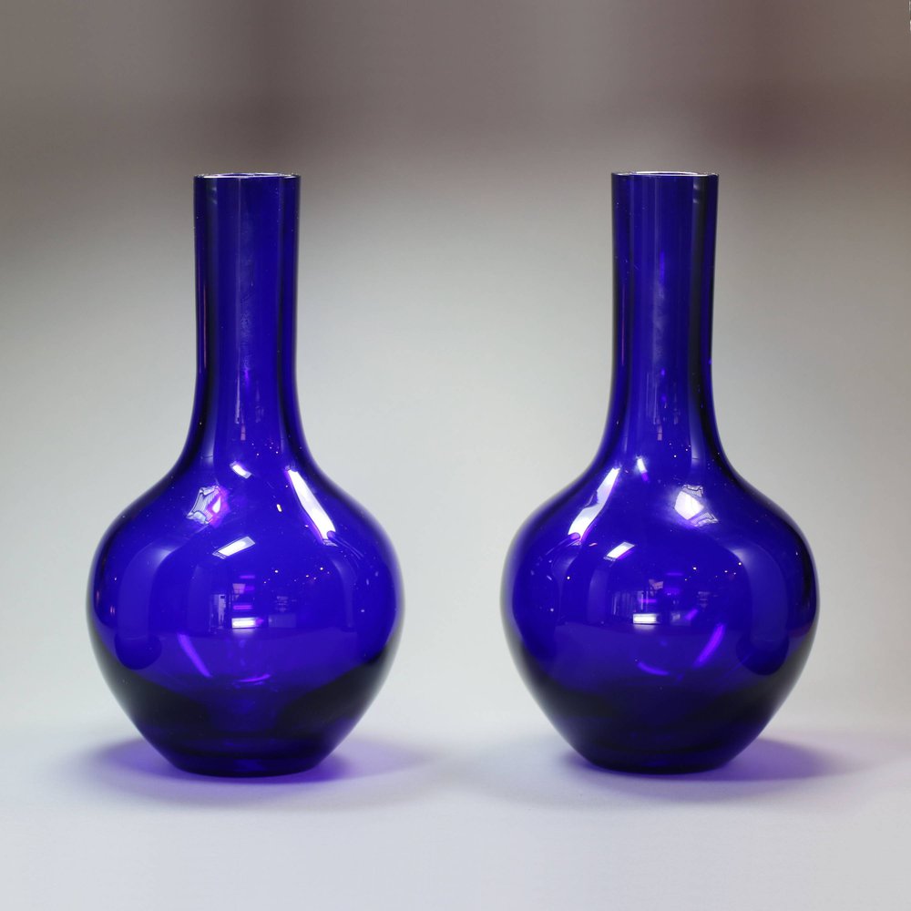Y909 Pair of Chinese deep-blue Peking glass bottle vases, c. 1900