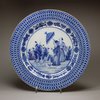 Y957 'Pronk' blue and white 'la dame au parasol' plate, c. 1740