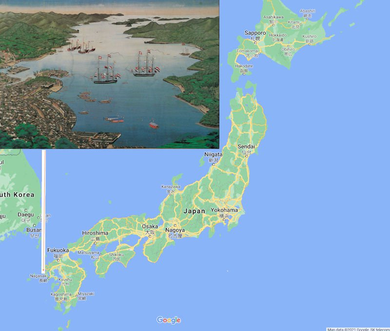 Map of Japan (Google) with inset showing Deshima Island (Kawajara Keiga, View of Nagasaki, single leaf screen, c.1825. Kobe City Museum)