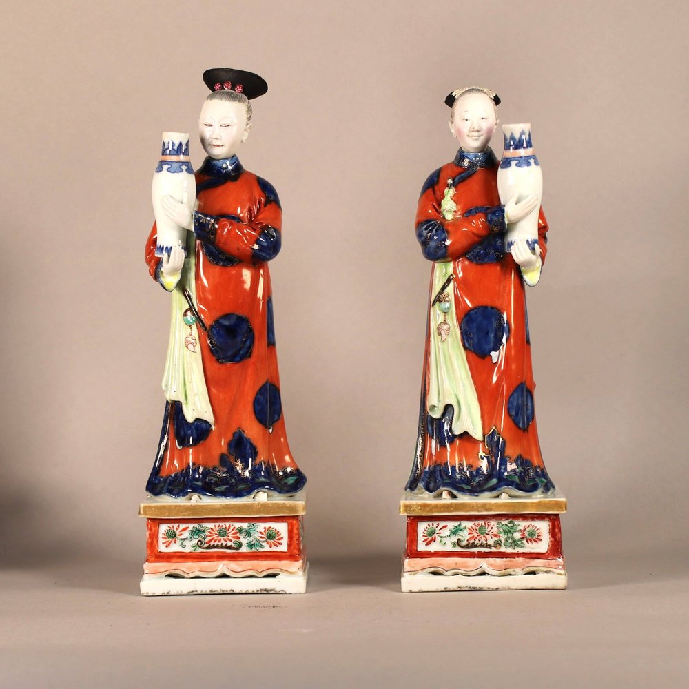 W881 Pair of Chinese famille rose nodding-head court lady figures, Qianlong (1736-95)